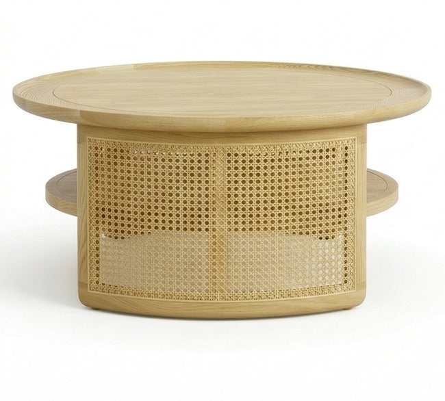 Aprd-Round Solid Wood Coffee Table with Cane Panels