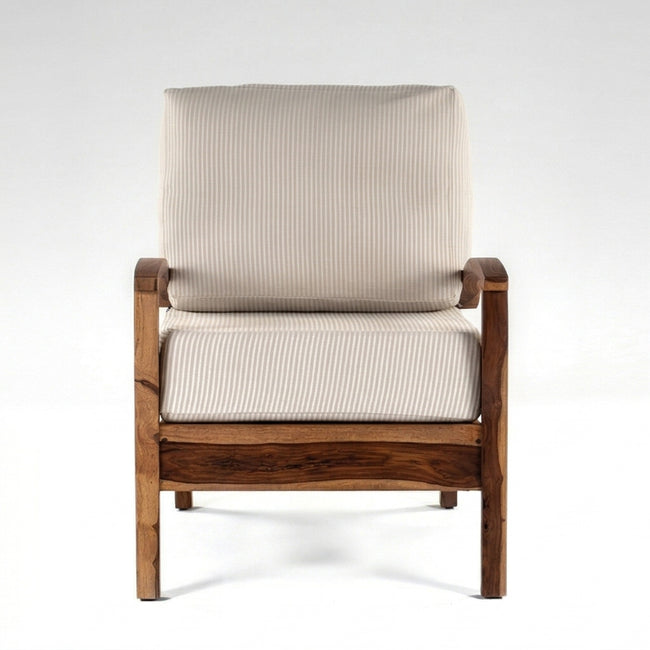Solid Wood Lounge Armchair with Striped Upholstery