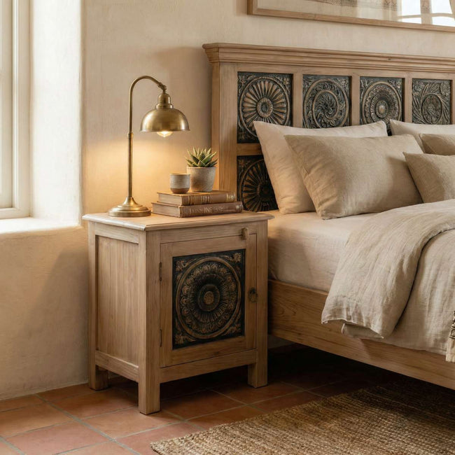 Meher Solid Teak Wood Floral Carved Bedside Table (2 Units)