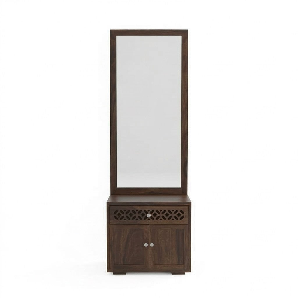 Solid Wood Dressing Table with Carved Drawer & Cabinet Storage