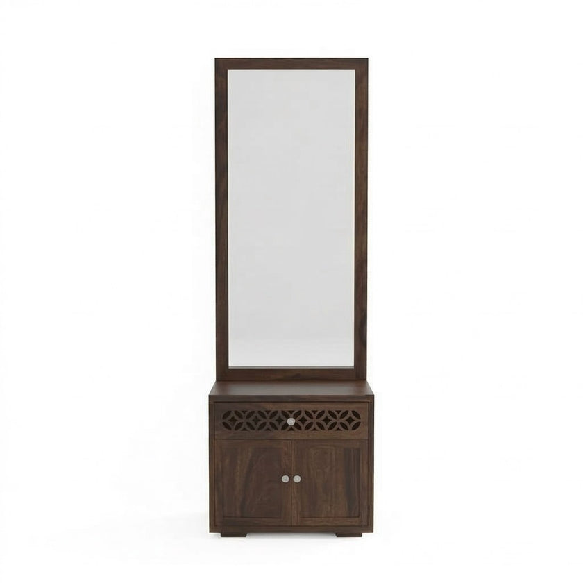 Solid Wood Dressing Table with Carved Drawer & Cabinet Storage