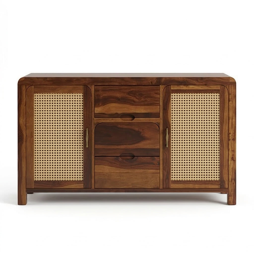 Solid Wood Sideboard Cabinet with Cane Doors & Drawer Storage