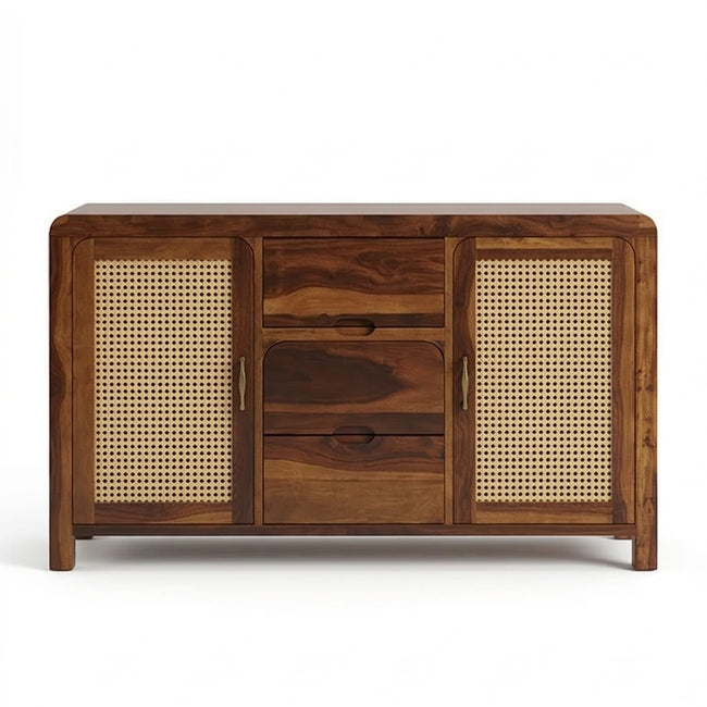 Solid Wood Sideboard Cabinet with Cane Doors & Drawer Storage
