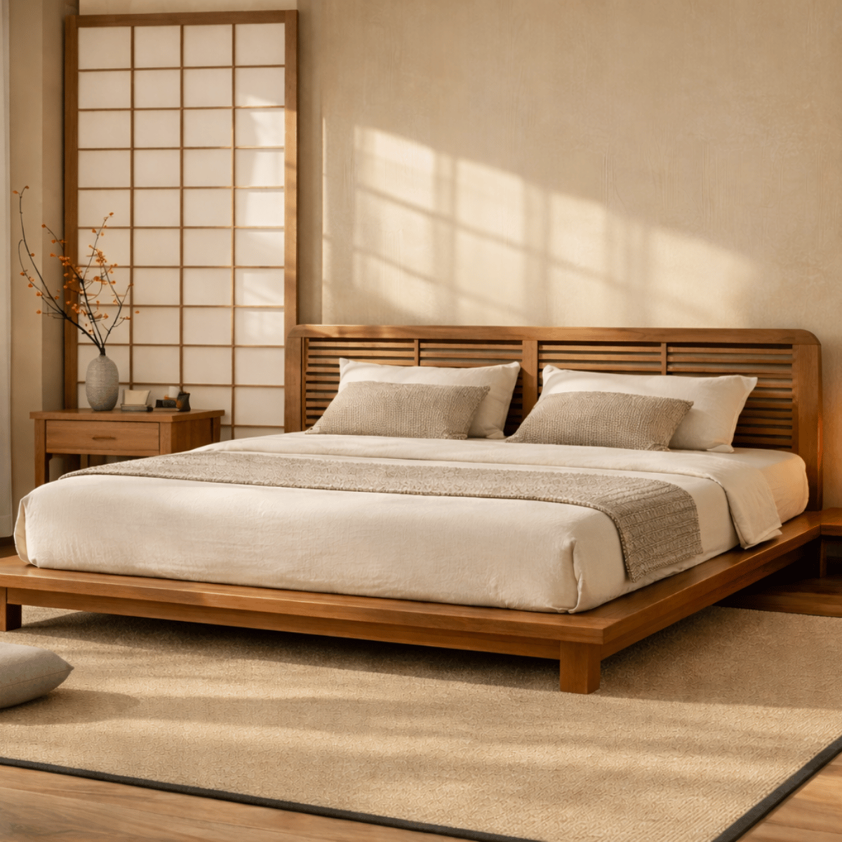 Karui Luxury Wooden Bed with Stilted Headboard