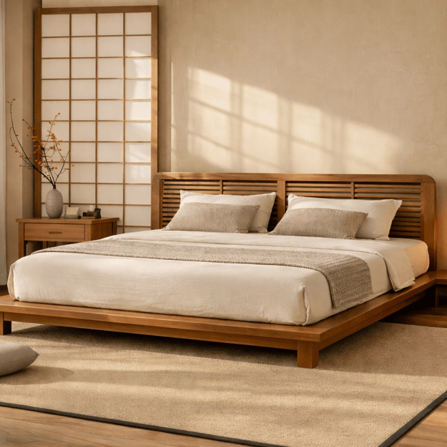 Karui Luxury Wooden Bed with Stilted Headboard