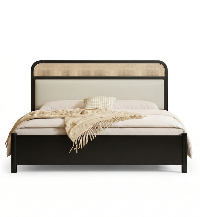 Modern Upholstered Platform Bed Frame with Cane Panel Headboard