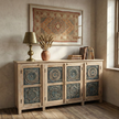 Meher Rustic Teak Wood 4 Door Carved Sideboard Cabinet