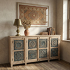 Meher Rustic Teak Wood 4 Door Carved Sideboard Cabinet