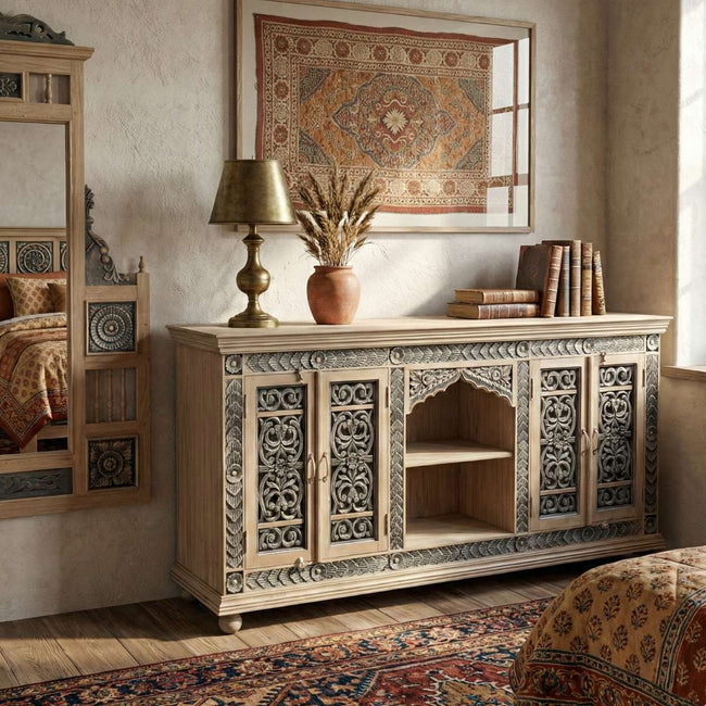 Meher Solid Teak Wood Carved Sideboard with Open Shelf