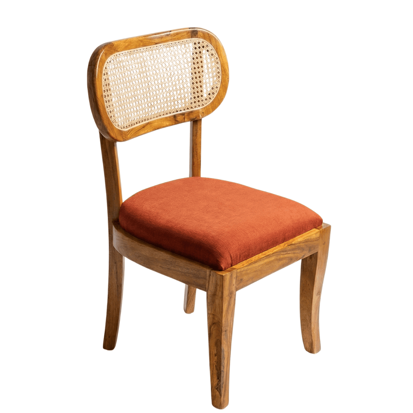 Biscuit Sheesham Wood Chair with Cane Backrest and Upholstered Fabric (Set of 2)