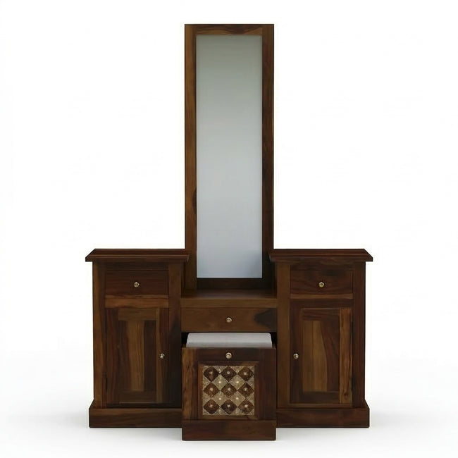 Solid Wood Dressing Table with Dual Storage Units & Cushioned Stool