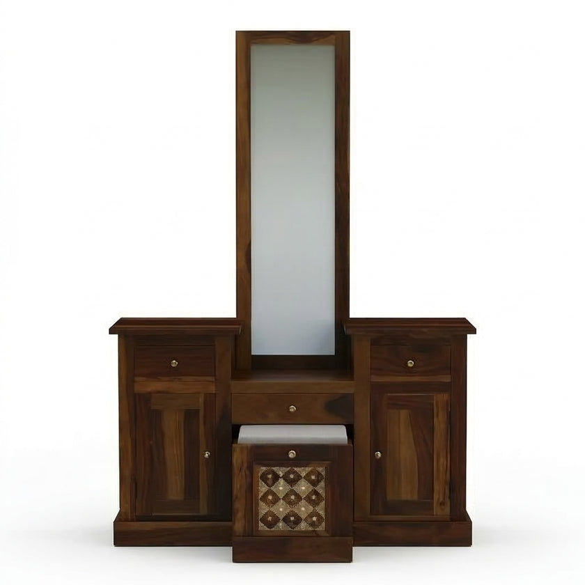 Solid Wood Dressing Table with Dual Storage Units & Cushioned Stool