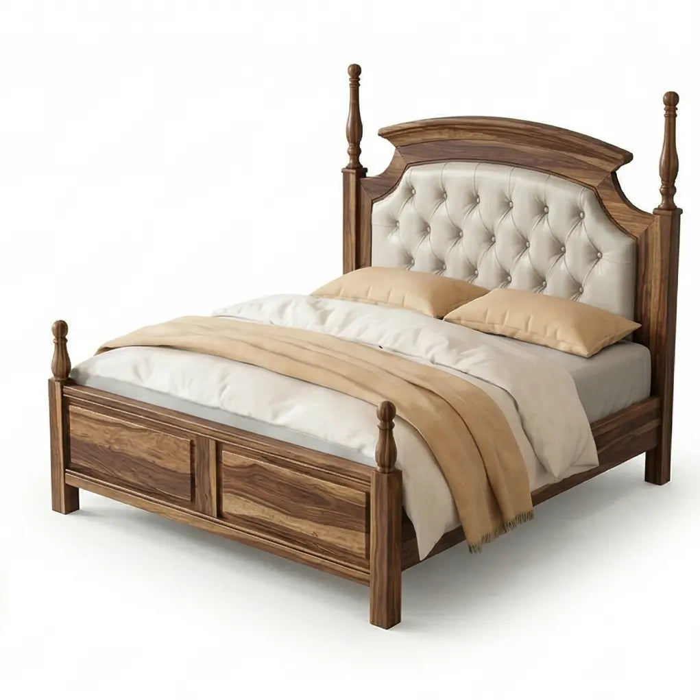 Classic Solid Wood Bed with Button-Tufted Upholstered Headboard