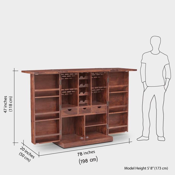 Diamond Bar Cabinet by Induscraft of Solid Sheesham Wood Expandable Storage