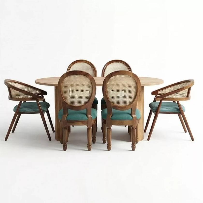 Anvira Solid Wood Oval 6 Seater Dining Set with Cane Chairs