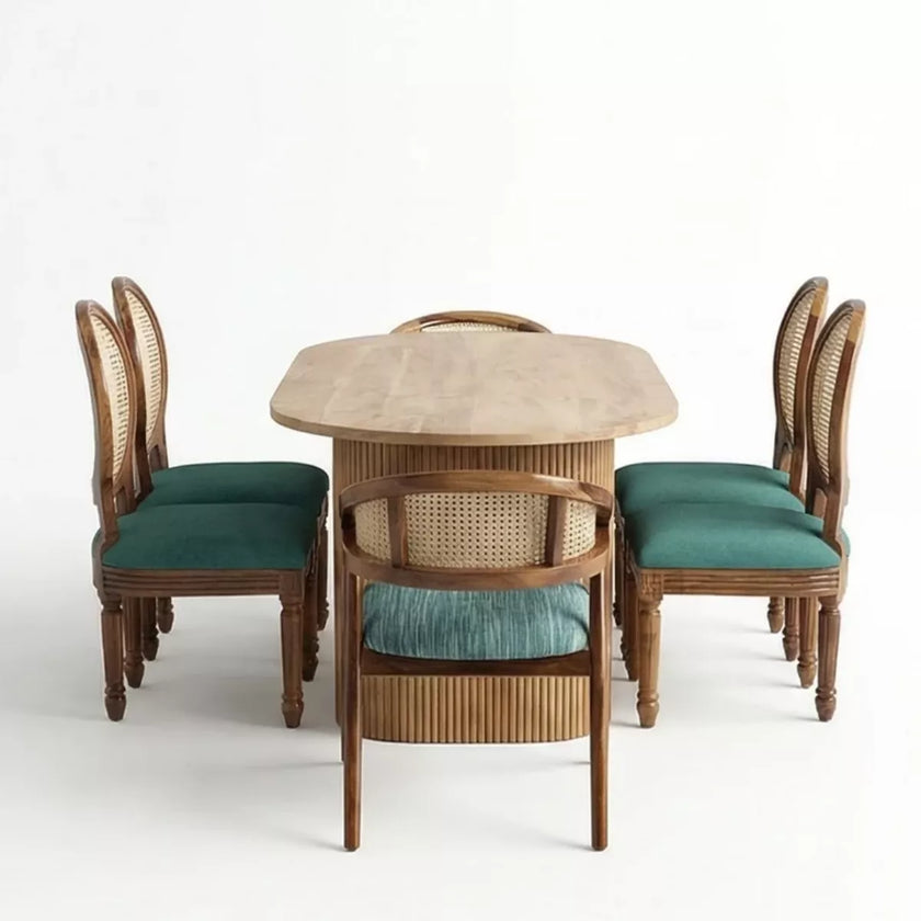 Anvira Solid Wood Oval 6 Seater Dining Set with Cane Chairs