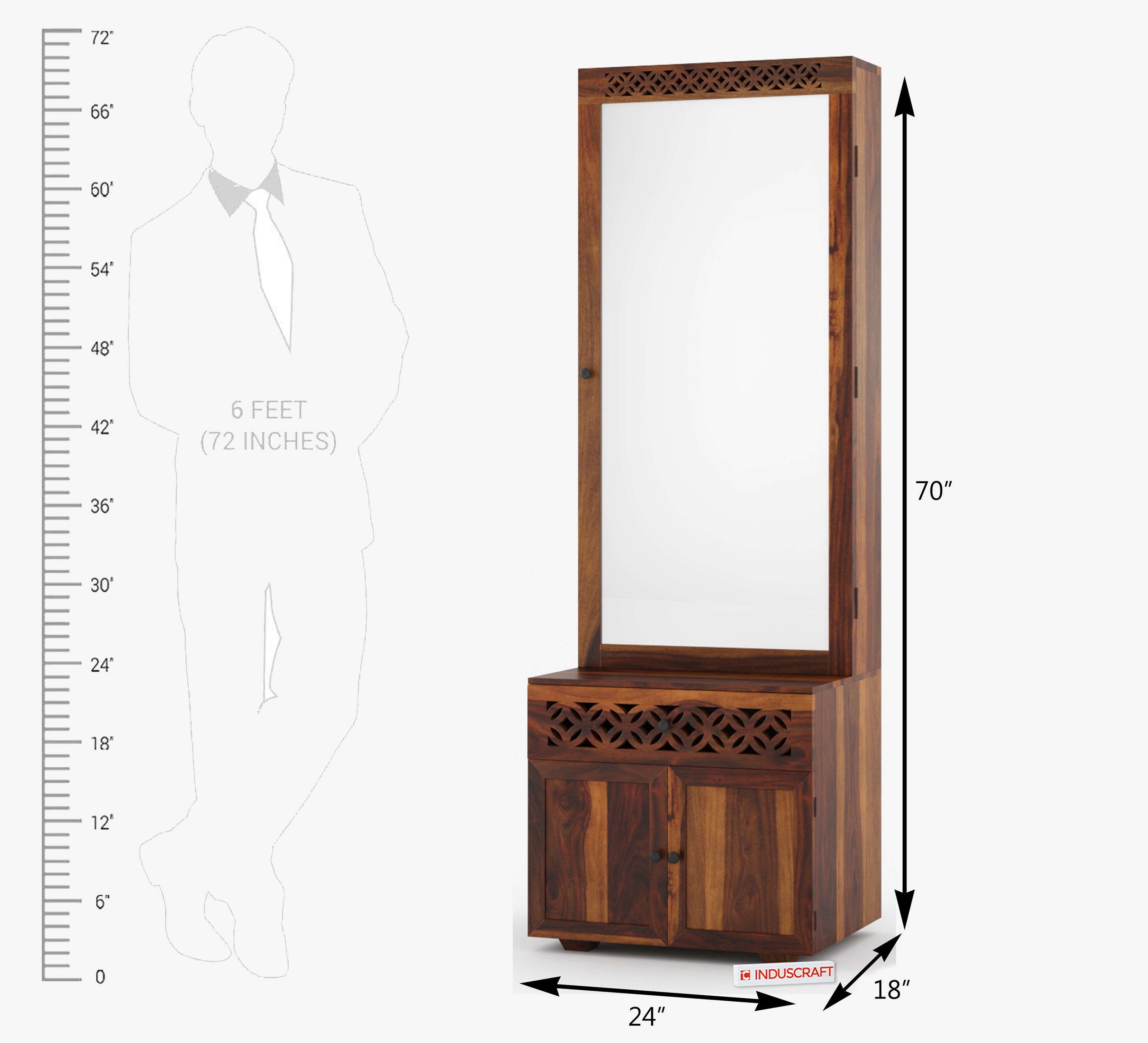 Solid Wood Dressing Table with Full-Length Mirror & Storage Cabinet