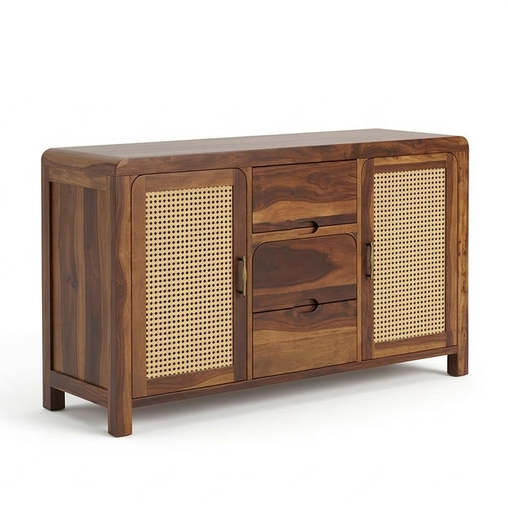 Solid Wood Sideboard Cabinet with Cane Doors & Drawer Storage