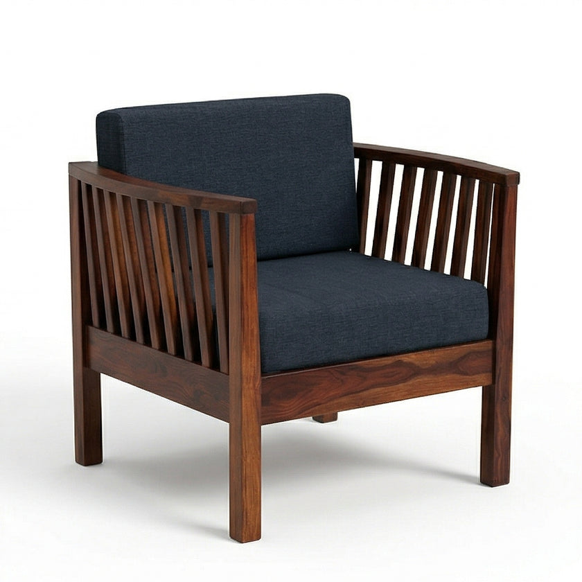 Solid Wood Armchair with Slatted Sides & Upholstered Cushion Contemporary Wooden Accent Chair