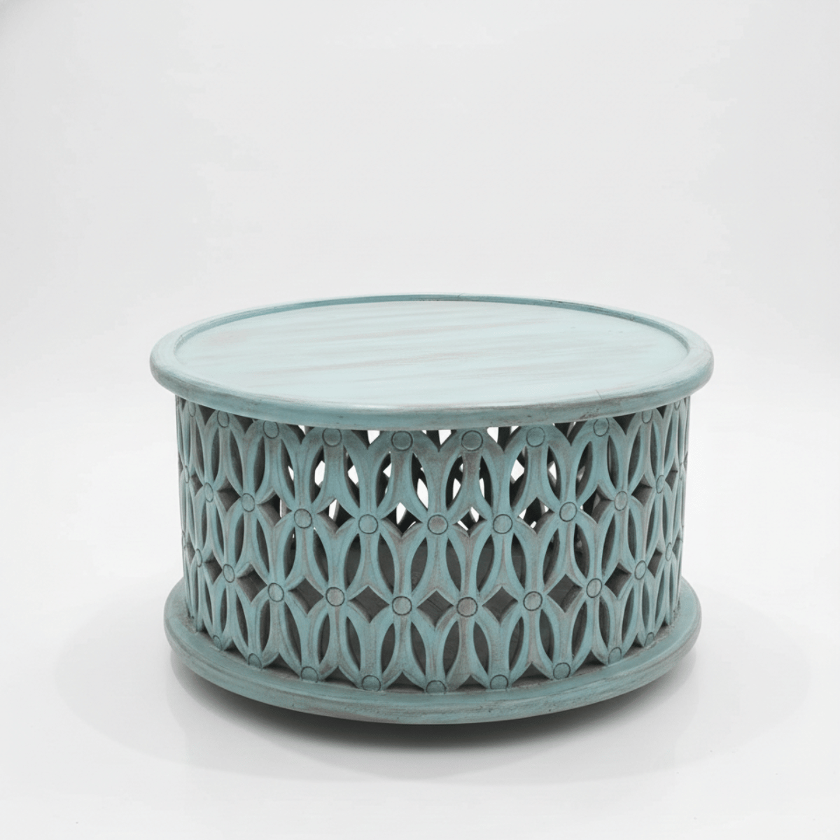 Aarav Carved Round Coffee Table – Blue Distressed Finish