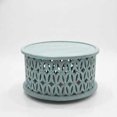 Aarav Carved Round Coffee Table – Blue Distressed Finish