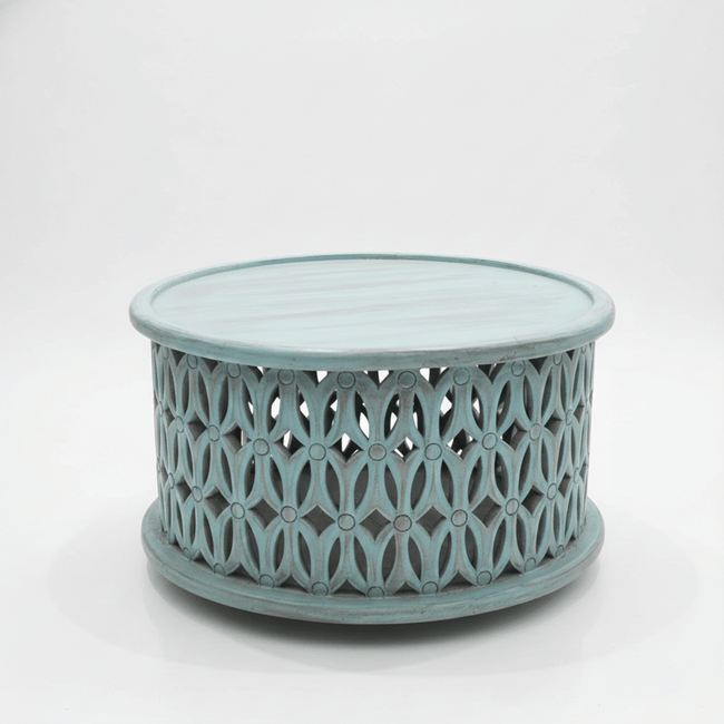 Aarav Carved Round Coffee Table – Blue Distressed Finish