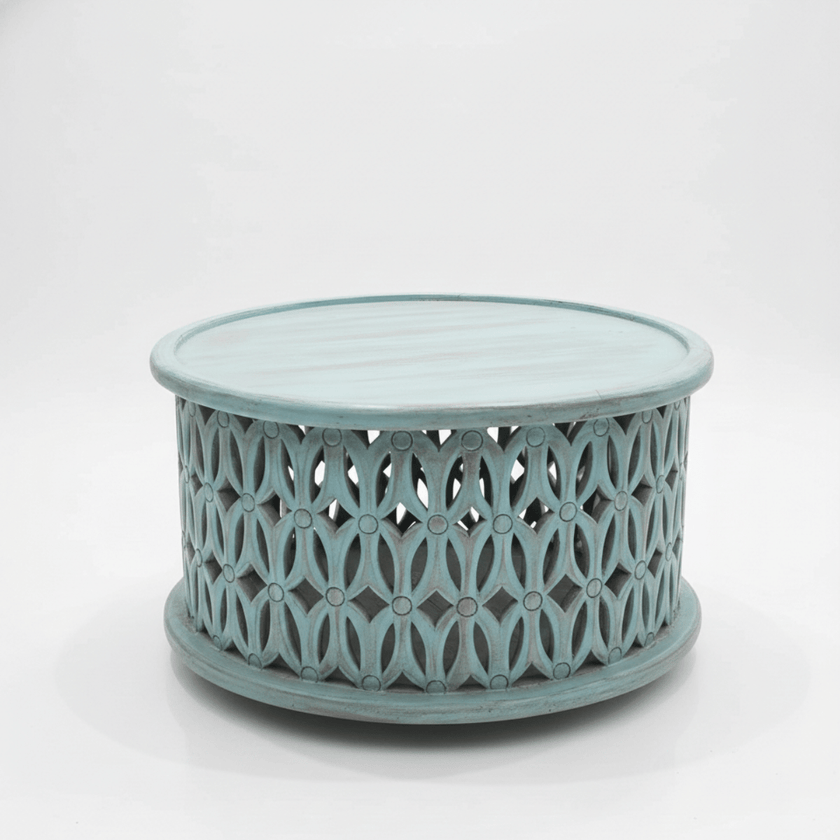 Aarav Carved Round Coffee Table – Blue Distressed Finish
