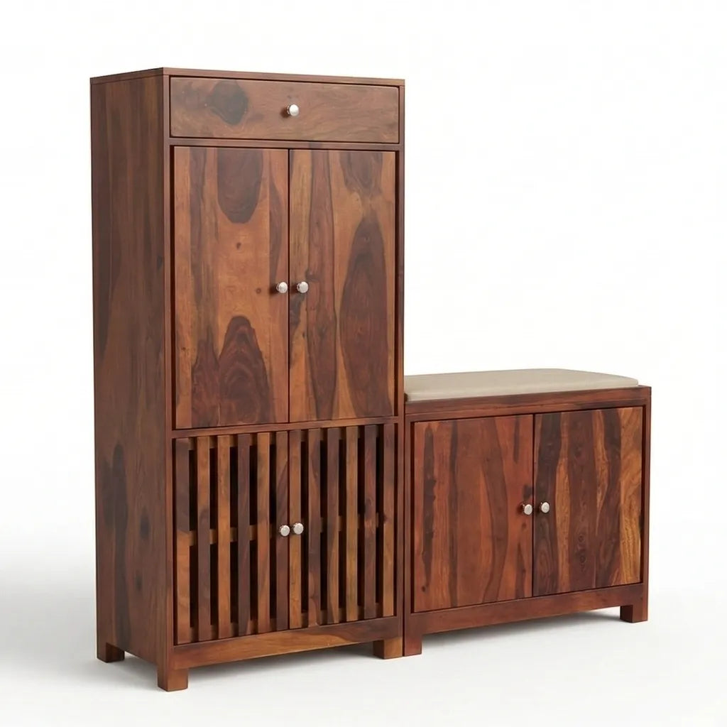 Solid Wood Shoe Rack with Storage Cabinet & Cushioned Bench