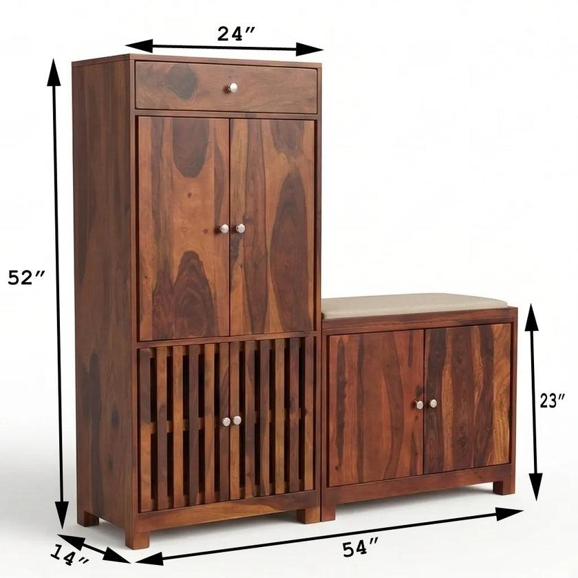 Solid Wood Shoe Rack with Storage Cabinet & Cushioned Bench