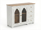 White Distressed Wooden Sideboard Cabinet with Carved Glass Doors