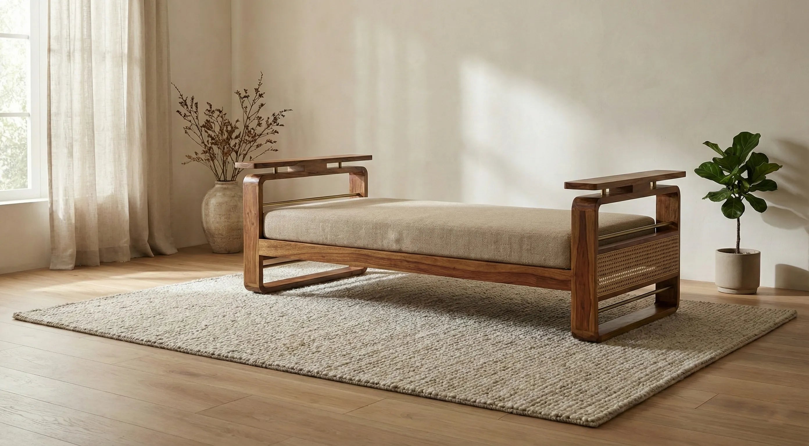 Brahmika Solid Wood Diwan with Cane Panel & Upholstered Cushion