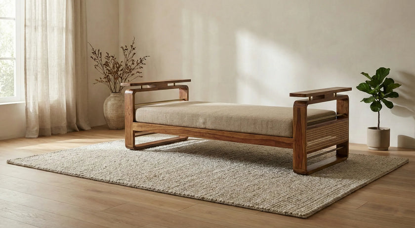 Brahmika Solid Wood Diwan with Cane Panel & Upholstered Cushion