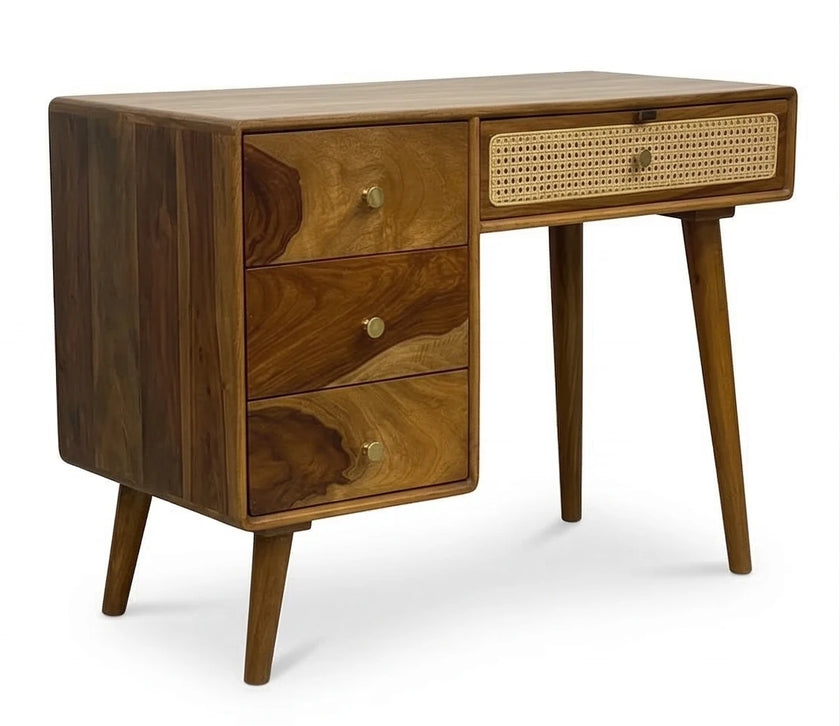 Mid-Century Solid Wood Dressing Table with Cane Drawer & Storage