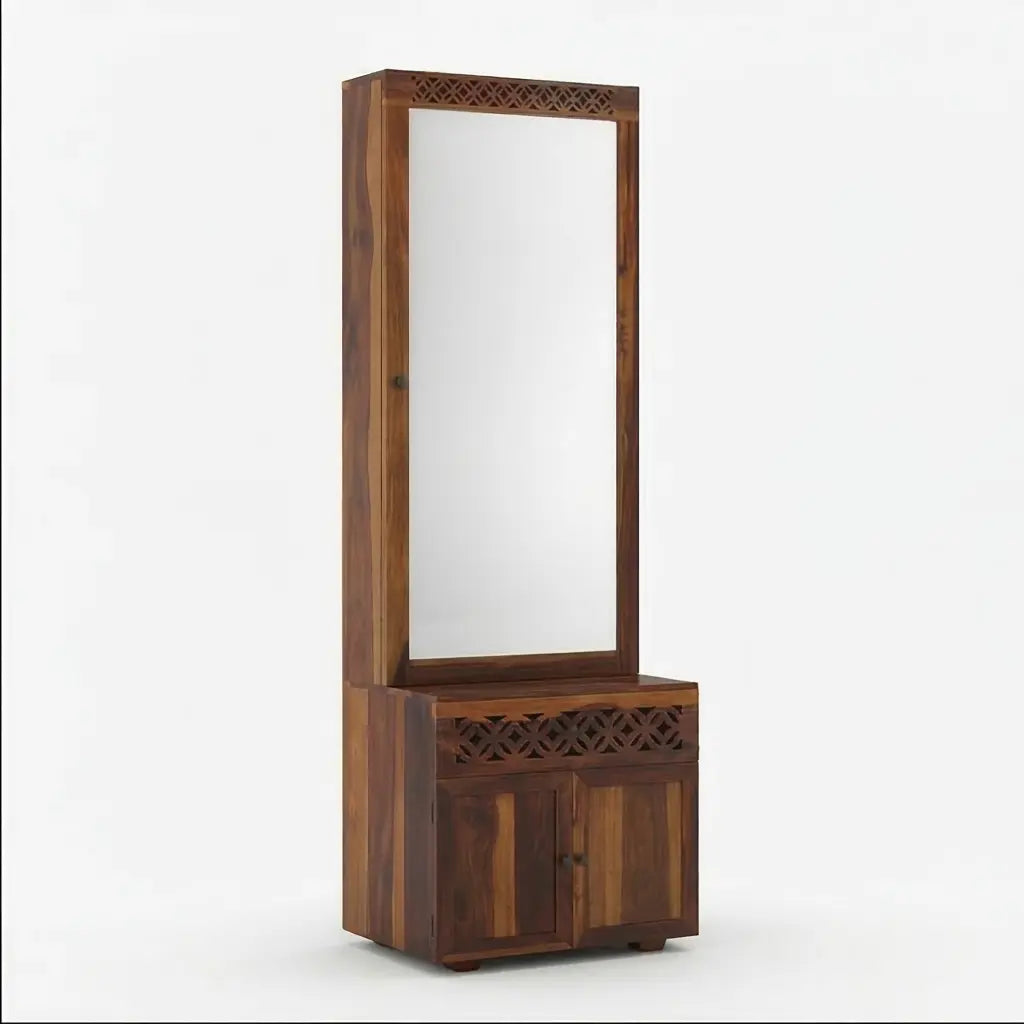 Solid Wood Dressing Table with Full-Length Mirror & Storage Cabinet