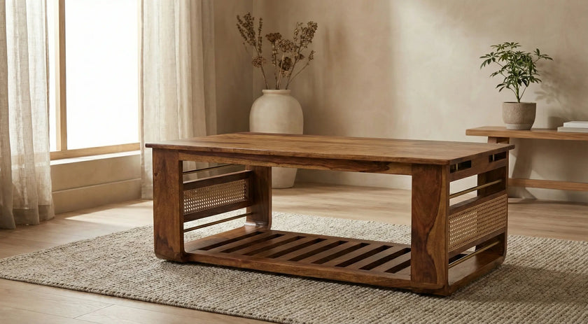 Brahmika Sheesham Rectangular Coffee Table with Rattan Cane Panels