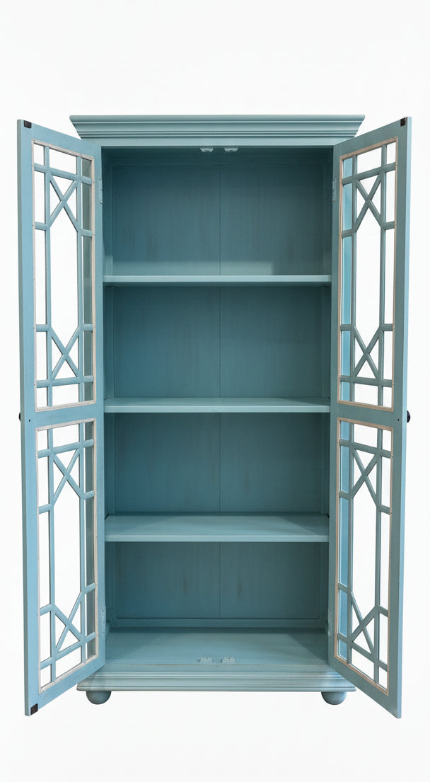 Solid Wood Display Cabinet with Glass Panel Doors Blue Finish Storage & Showcase Unit