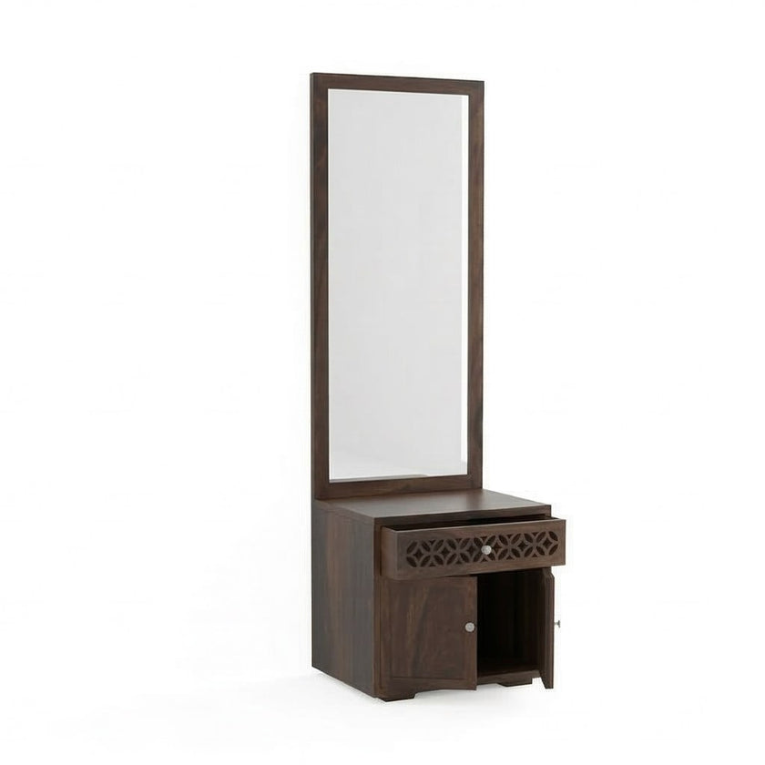 Solid Wood Dressing Table with Carved Drawer & Cabinet Storage