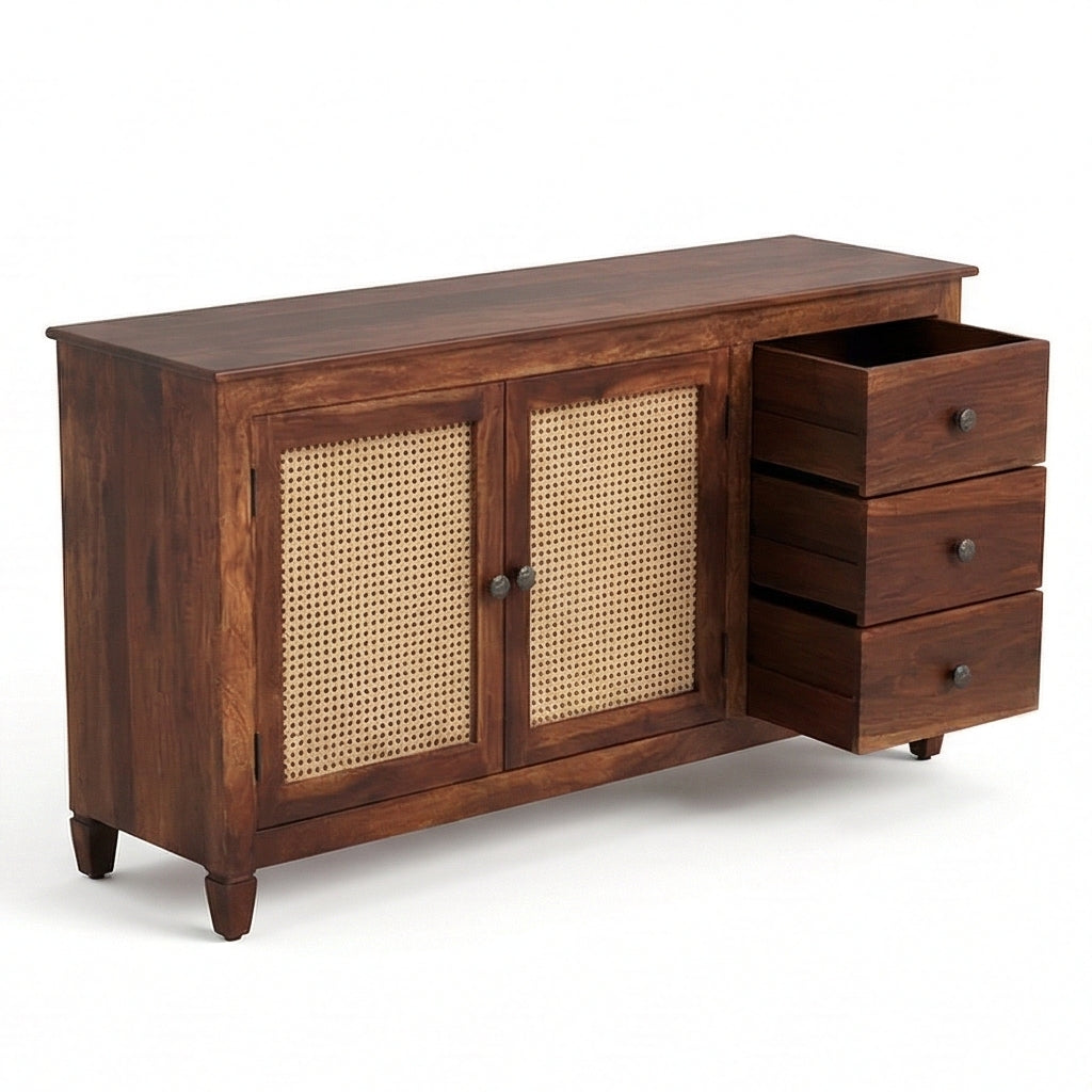 Solid Wood Cane Sideboard Cabinet Wooden Storage Console with Drawers