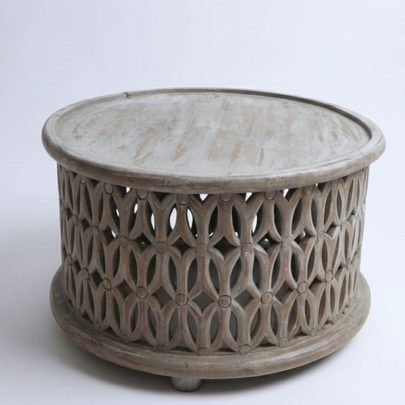 Aarav Carved Round Coffee Table – White Distressed Finish
