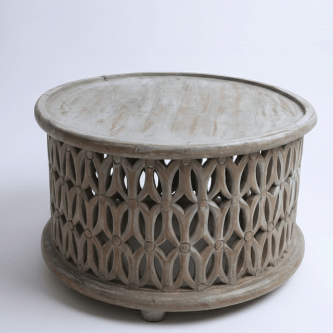 Aarav Carved Round Coffee Table – White Distressed Finish