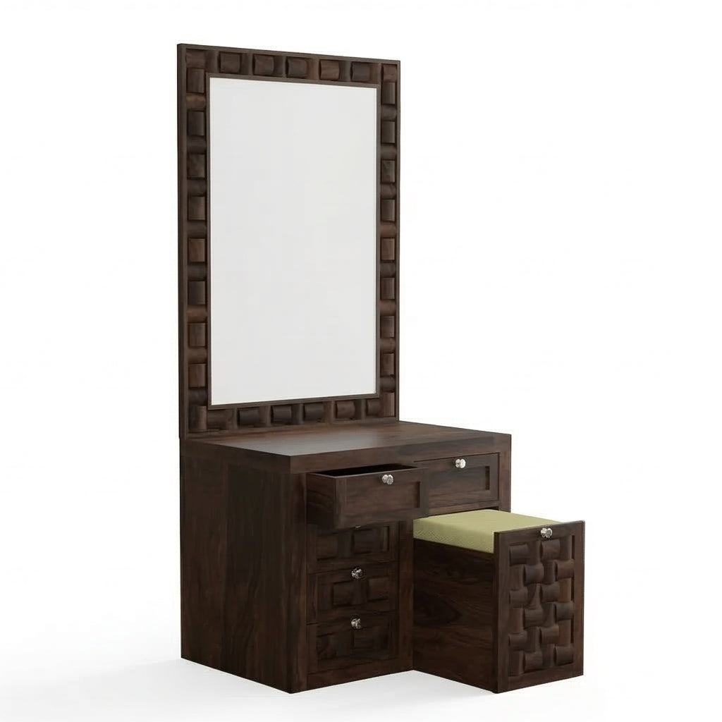 Solid Wood Dressing Table with Textured Panel Design & Storage Stool