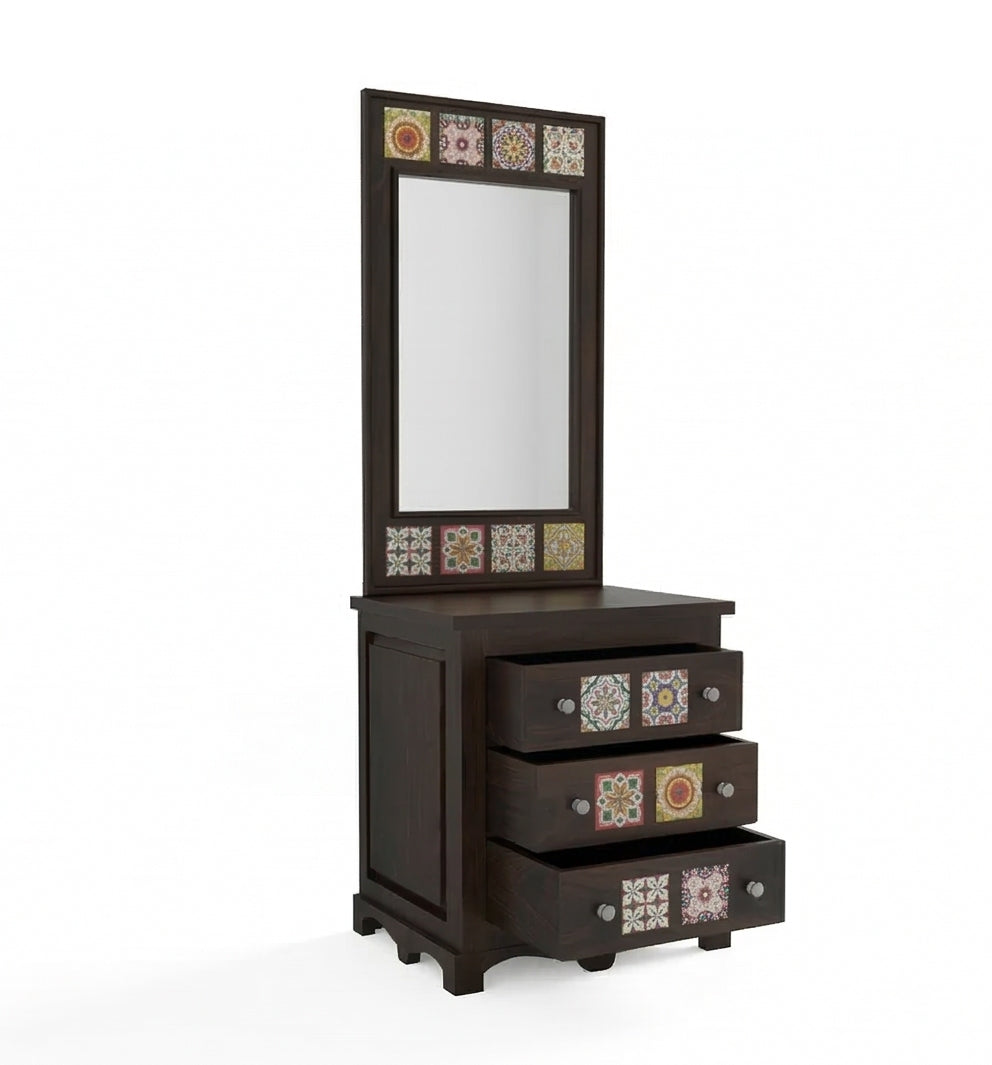 Solid Wood Dressing Table with Decorative Tile Inlay & Mirror
