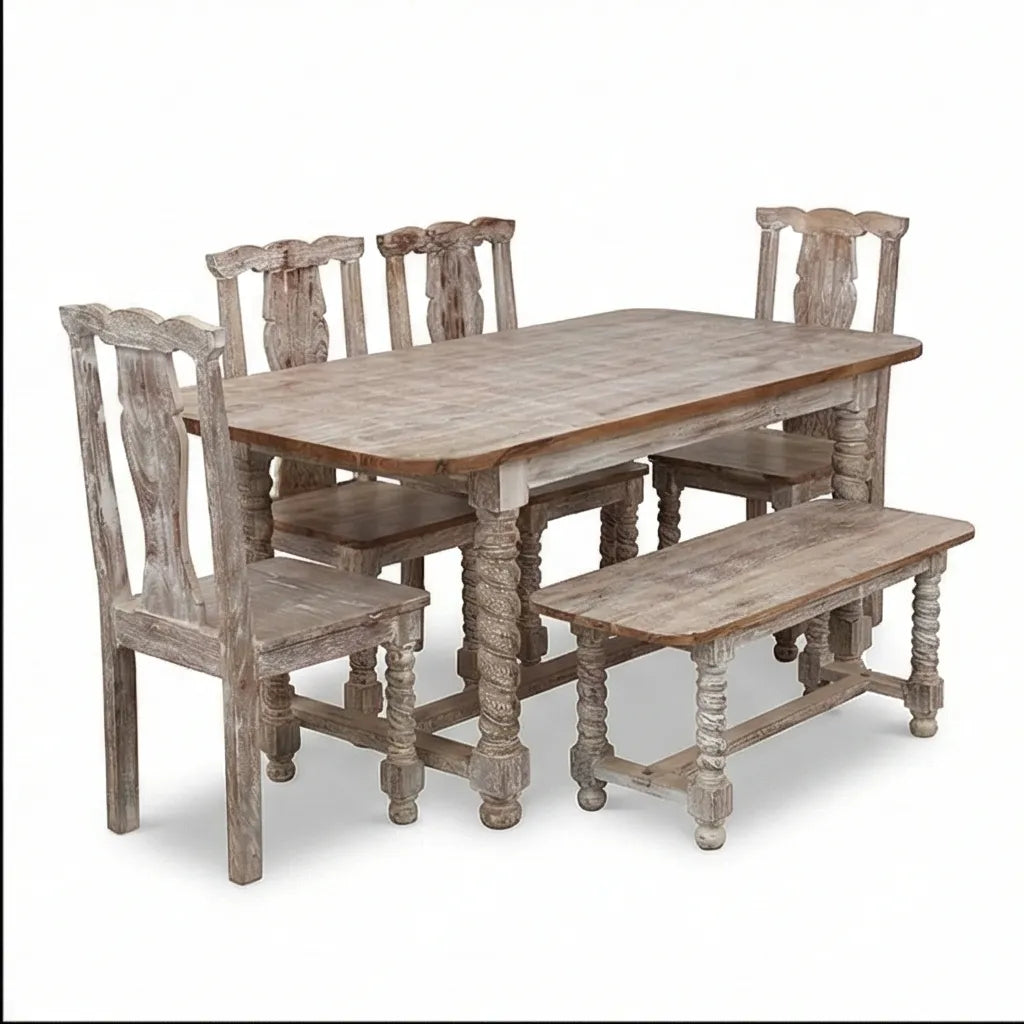 Mathilide Solid Wood Rustic Dining Set with Hand-Carved Chairs & Bench