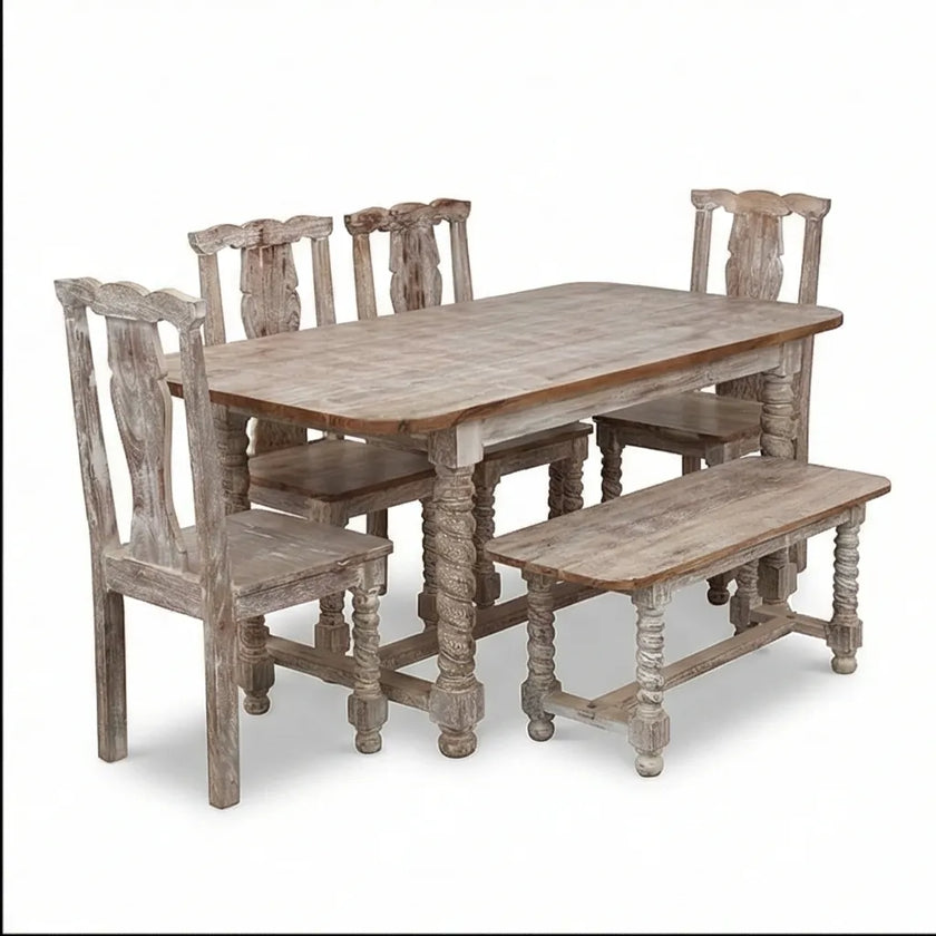 Mathilide Solid Wood Rustic Dining Set with Hand-Carved Chairs & Bench