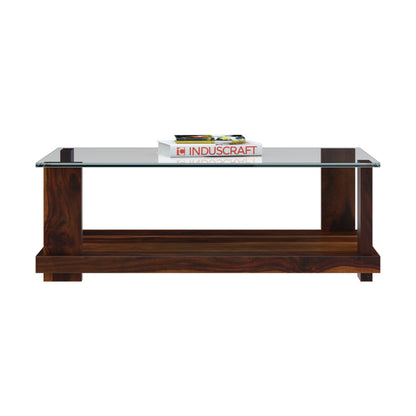 Demto Rectangular Glasstop Centre Table by Induscraft in Solid Sheesham Wood