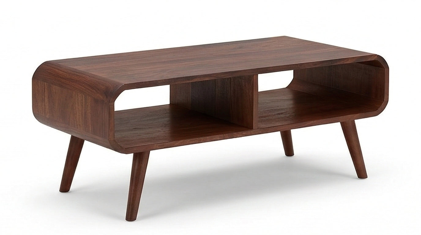 Mid-Century Solid Wood Coffee Table Open Shelf Storage Center Table