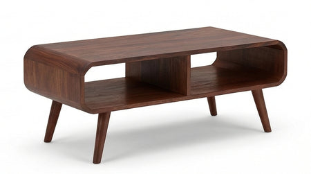 Mid-Century Solid Wood Coffee Table Open Shelf Storage Center Table