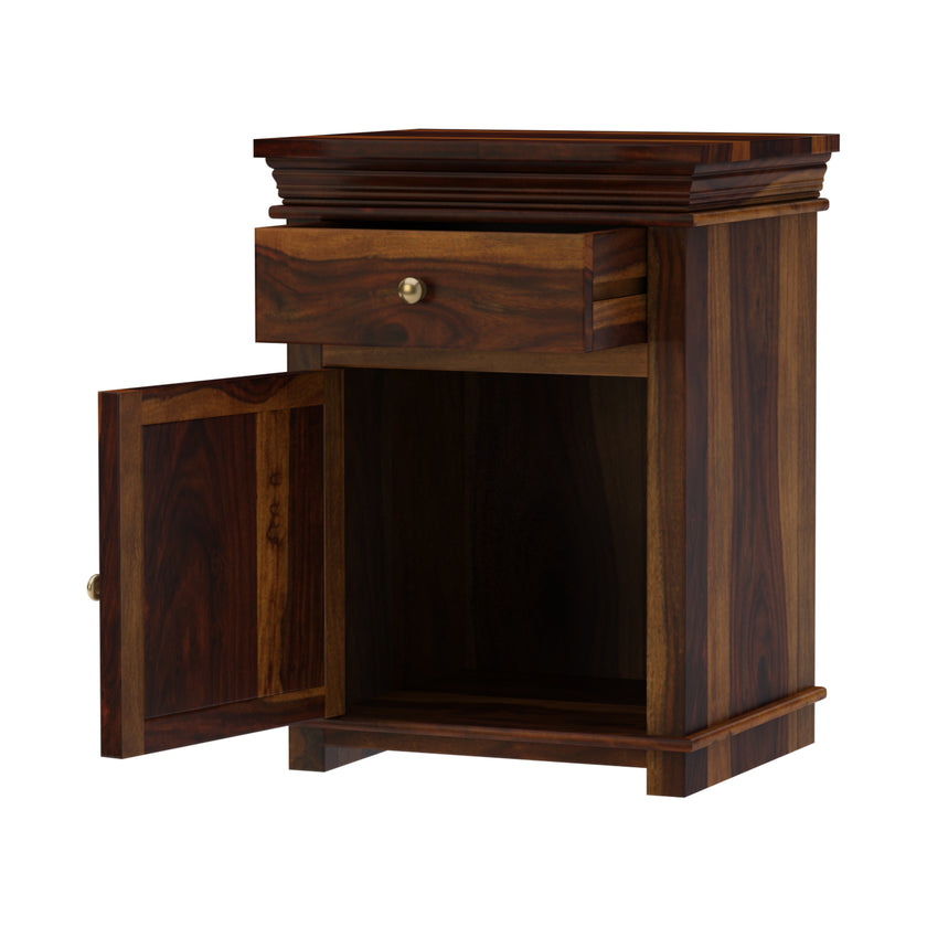 Brass Fusion Sheesham Wood Vintage Carved Bedside Table