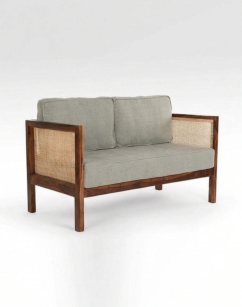 Solid Wood Cane 2-Seater Sofa with Upholstered Cushions