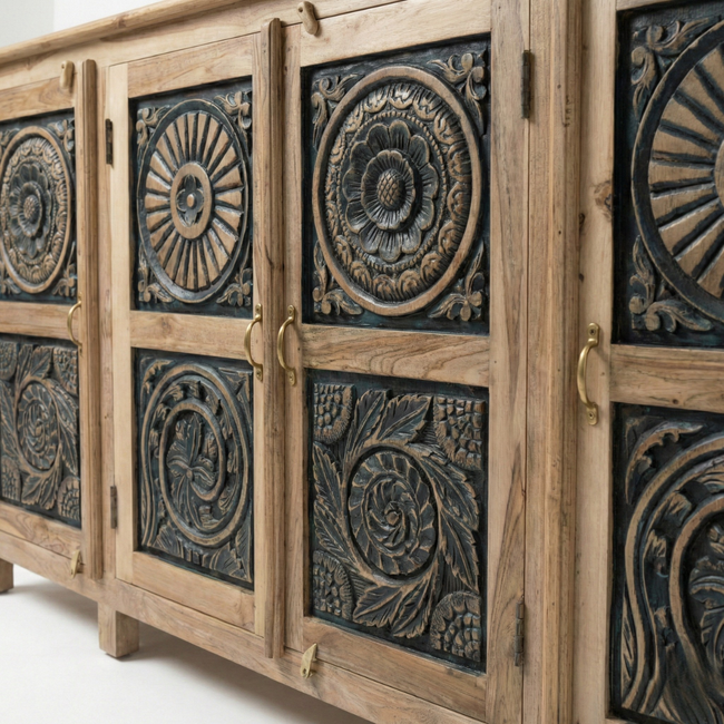 Meher Rustic Teak Wood 4 Door Carved Sideboard Cabinet